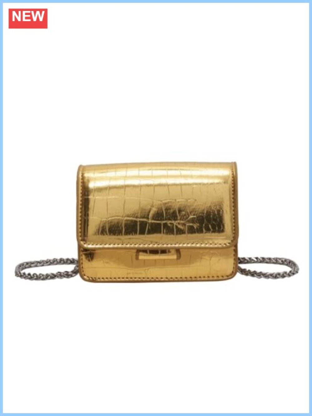 Metallic Silver PU Leather Crossbody Mini Purse Evening Clutch Detachable Chain